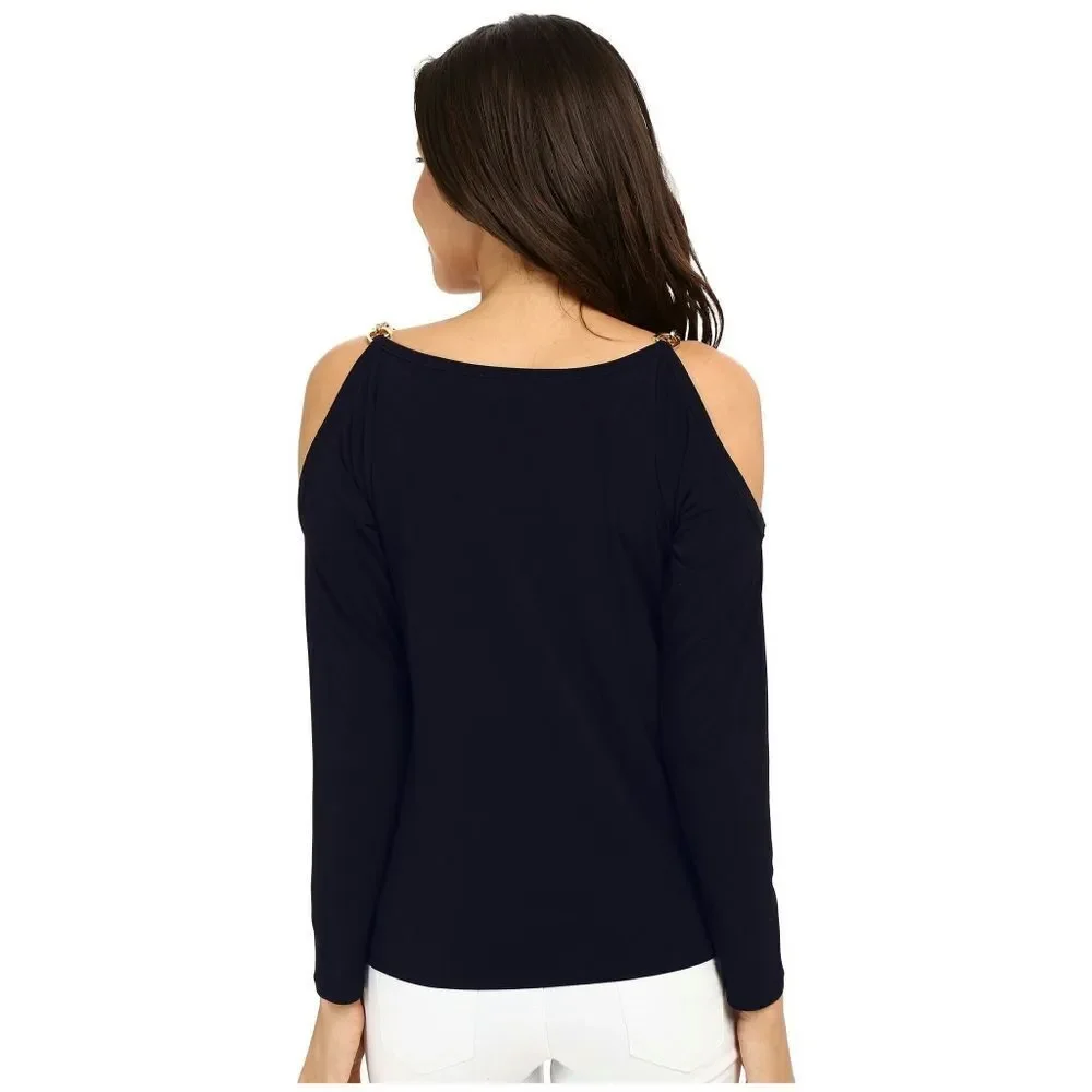 New! MICHAEL KORS Women's Chain Cold Shoulder Top Blouse Navy Blue Size Medium